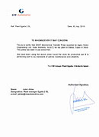 Customer testimonials for 2500T Mechanical Transfer Press from Bilbao, Spain